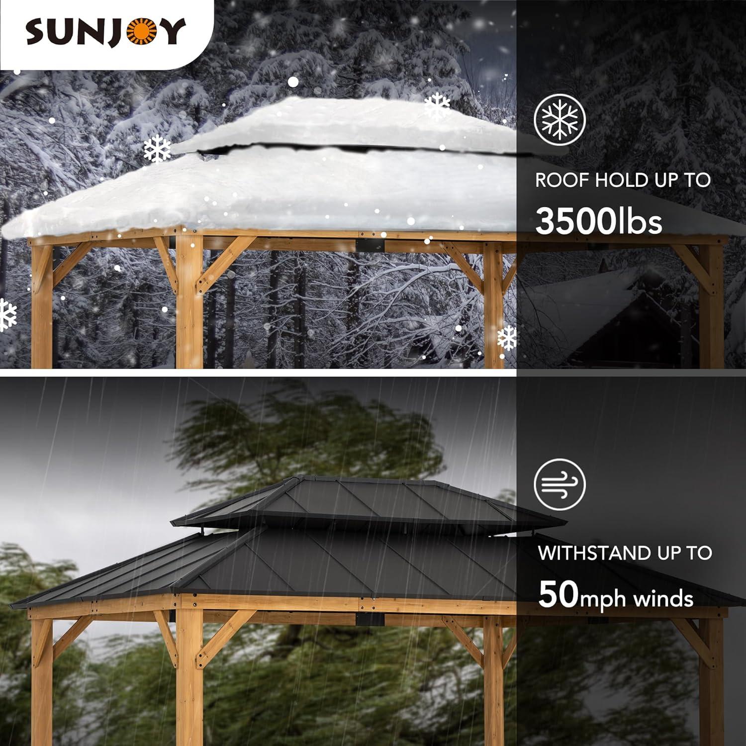 Sunjoy 12x16 ft. Wood Gazebo, Outdoor Patio Steel Hardtop Gazebo, Cedar Framed Wooden Gazebo with 2-tier Metal Roof, Suitable for Patios, Lawn, and Backyard, Dark Brown