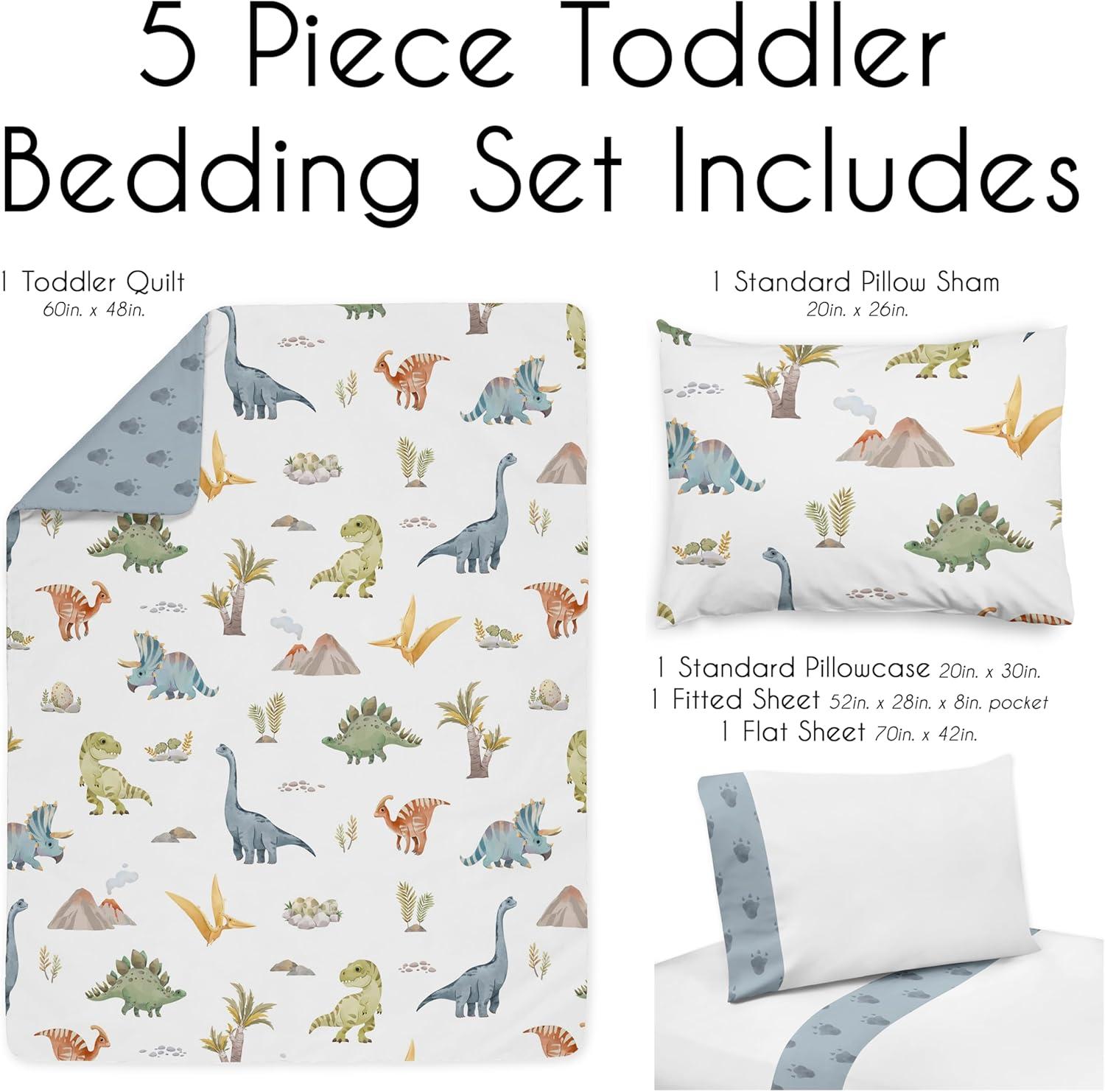 Sweet Jojo Designs Watercolor Dinosaur Dino 5 Piece Toddler Bedding Set (Set of 5)