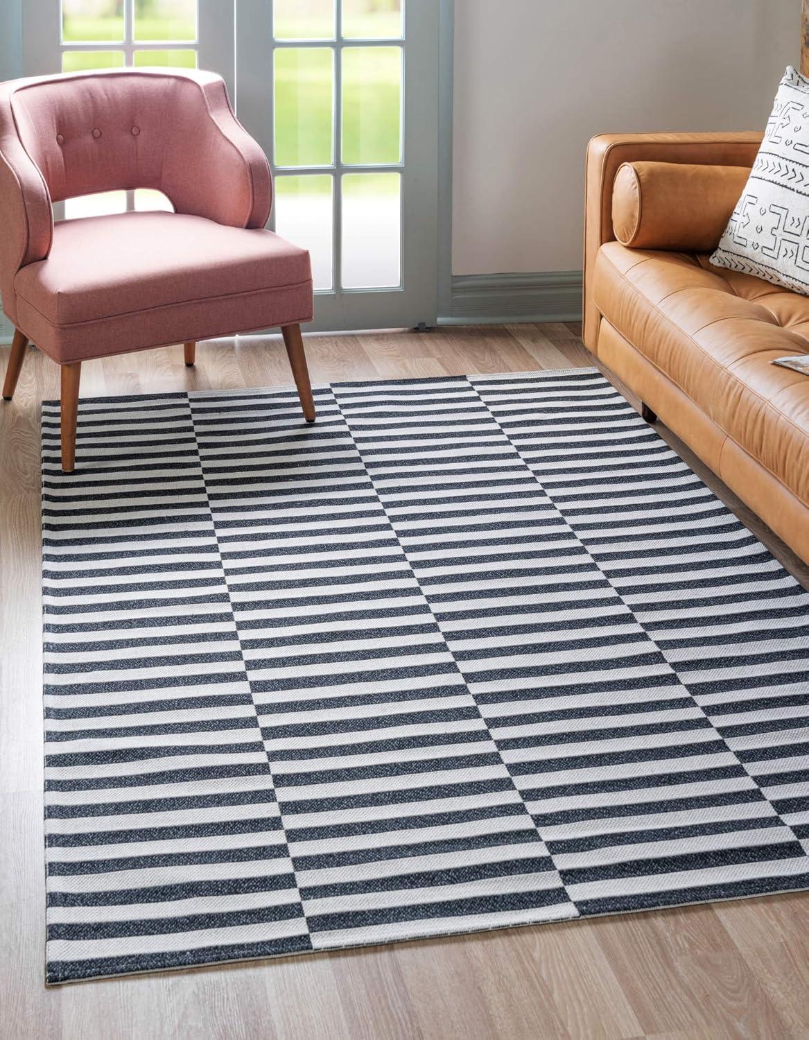 Black and Ivory Flat Woven Striped Rectangular Area Rug