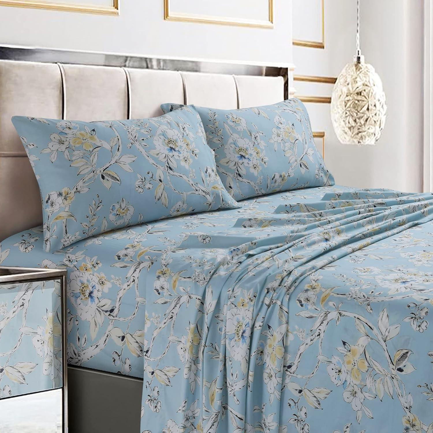 Sky Blue Floral Cotton Twin Sheet Set with Deep Pockets