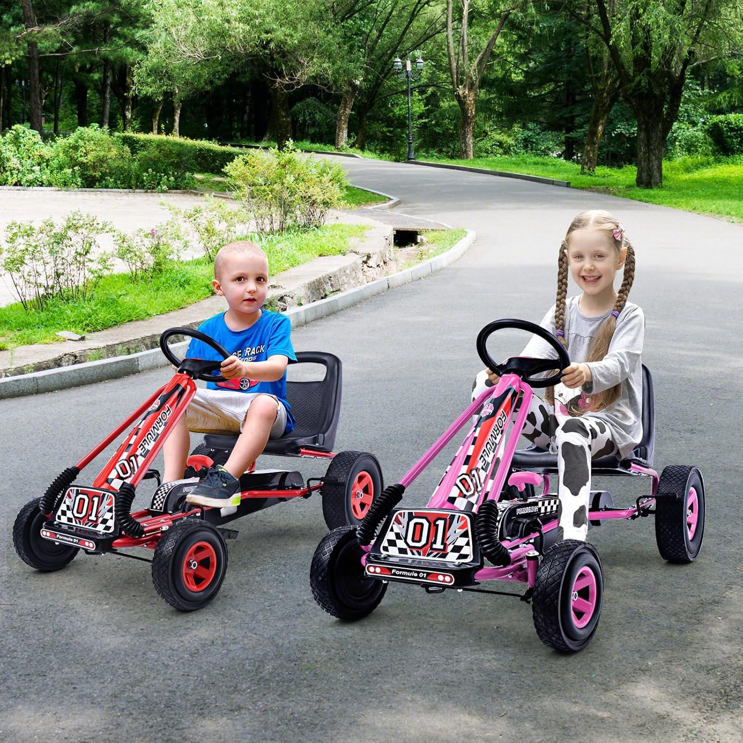 Costway Go Kart 4 Wheel Pedal Powered Kids Ride On Toy with Adjustable Seat Pink