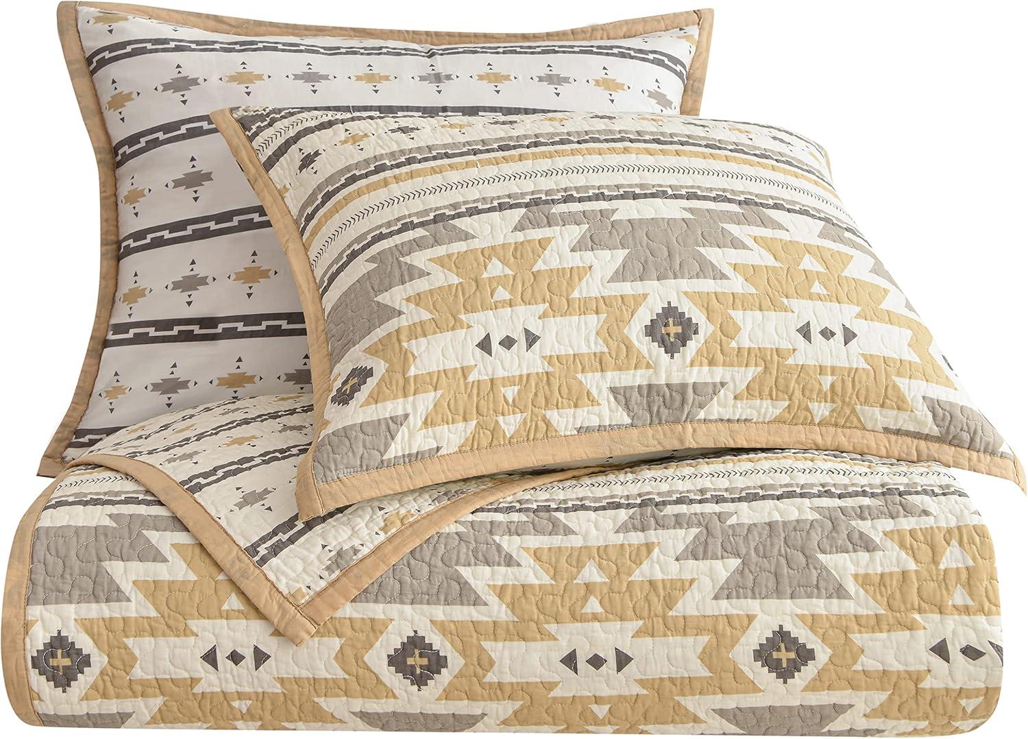 Desert Sage Gray/Tan/White Aztec Print Cotton Southwestern Style Reversible Quilt Set