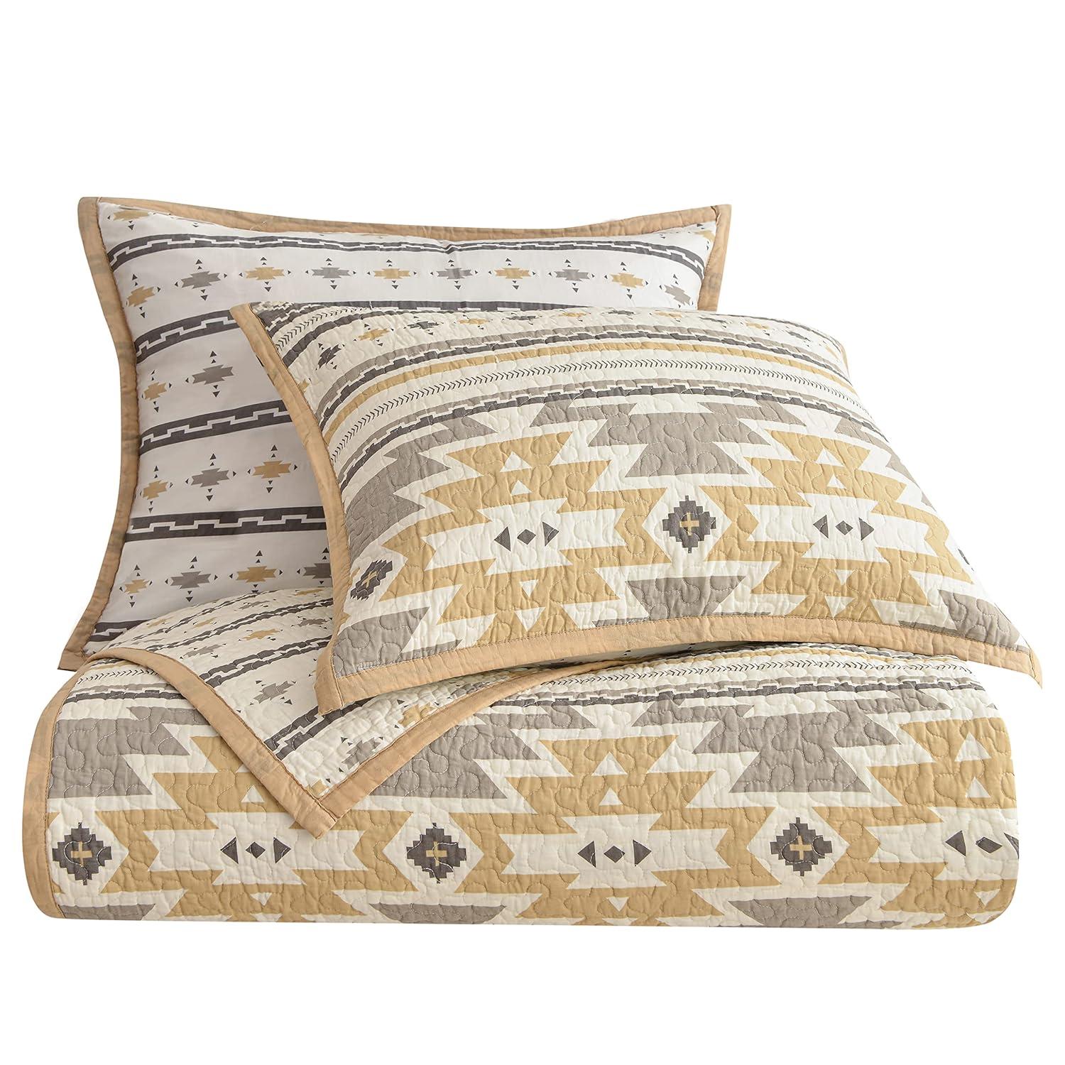 Paseo Road by HiEnd Accents Desert Sage Gray/Tan/White Aztec Print Cotton Southwestern Style Reversible Quilt Set