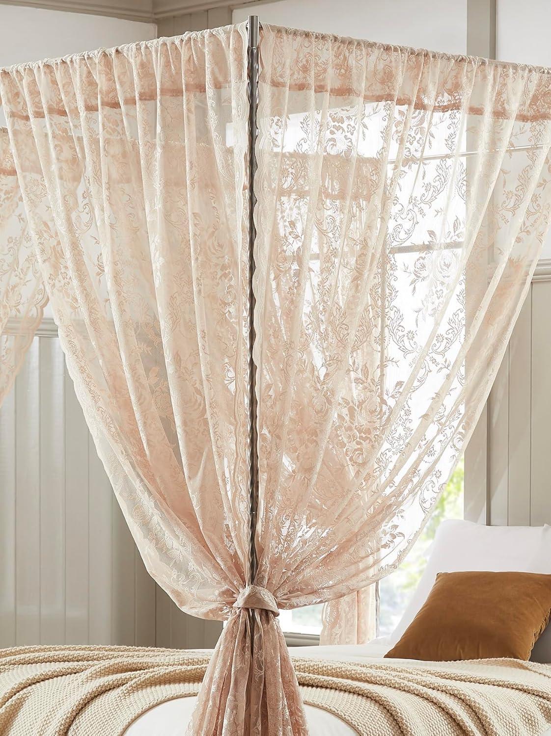 WARM HOME DESIGNS 8 Piece Lace Canopy Bed Curtains Set With Tie-Backs for Queen or King Bed (Set of 8)