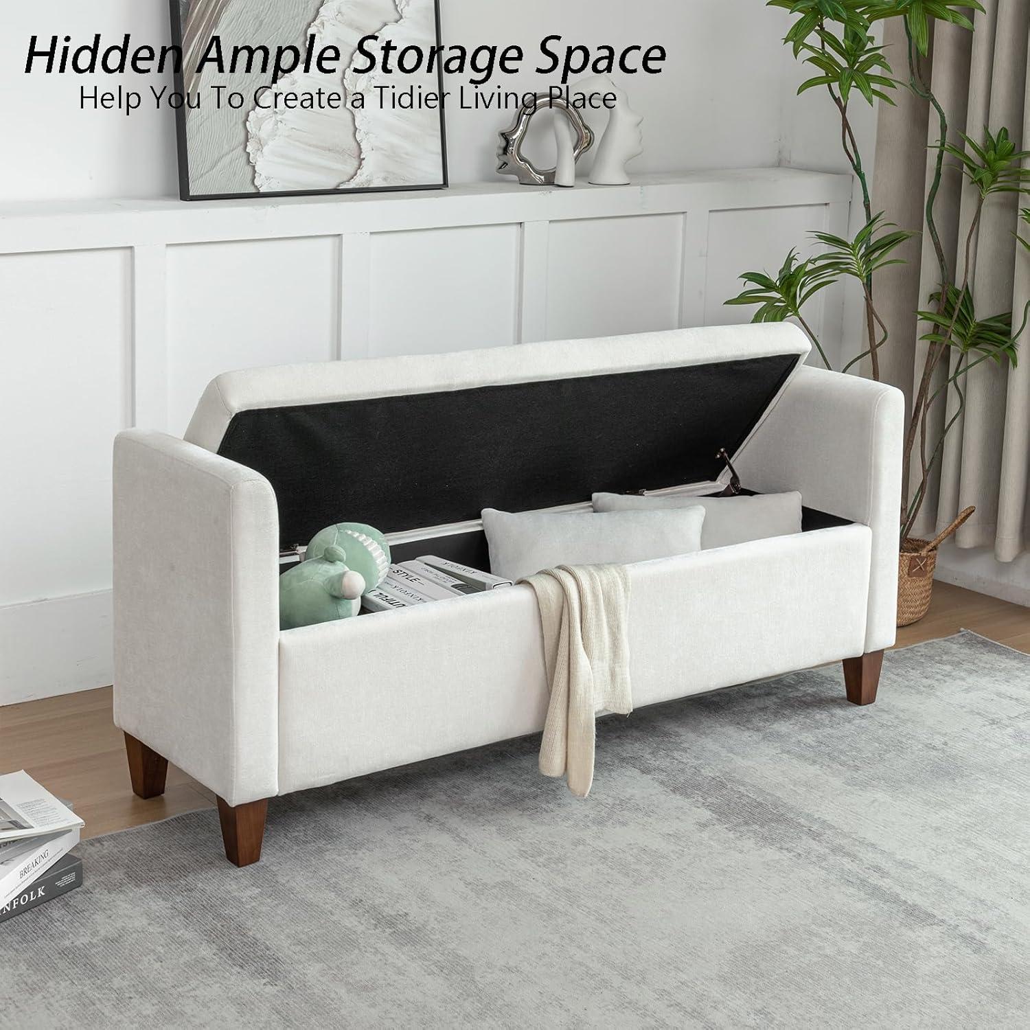 Beige Upholstered Storage Bench with Pillows and Wood Legs