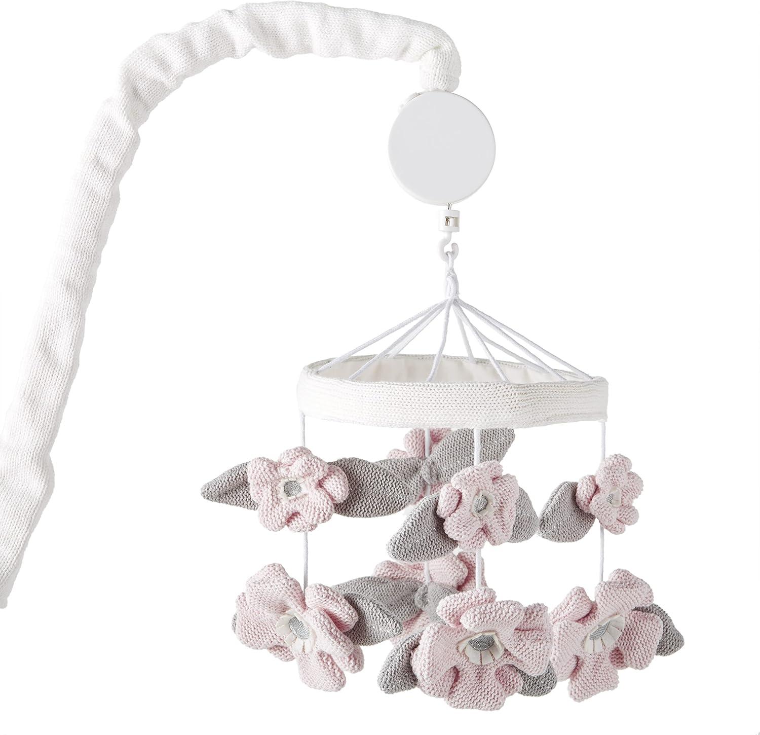 Levtex Baby - Adeline Musical Rotating Baby Crib Mobile - Knitted Flowers - Pink and Grey - Nursery Accessories
