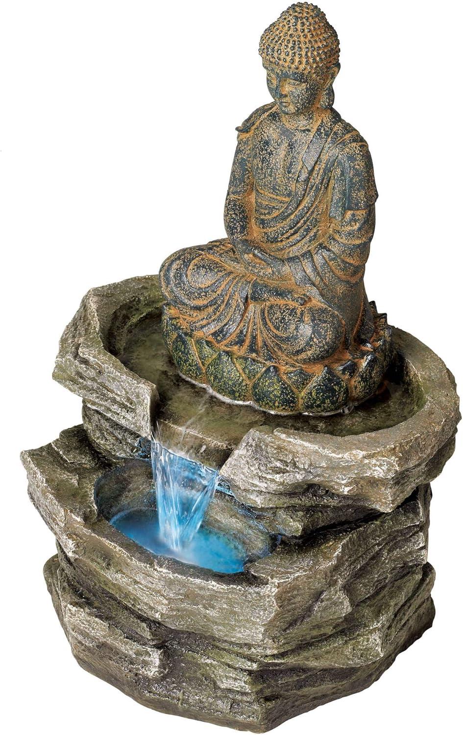 John Timberland Rustic Zen Buddha Outdoor Floor Water Fountain with Light LED 21" High Sitting for Yard Garden Patio Deck Home