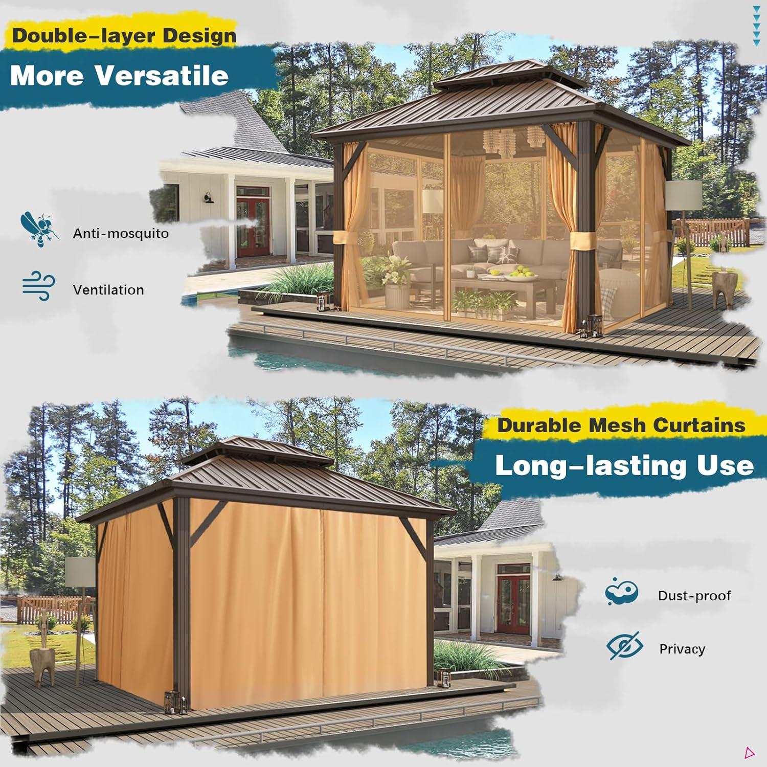 Erinnyees Gazebo 10’x12’W/Steel Double Roof, Wooden-looking Coated Aluminum Frame Waterproof Pavilion, Curtains & Netting Included Hardtop Gazebo for Patio Backyard Garden Lawn Parties, Brown