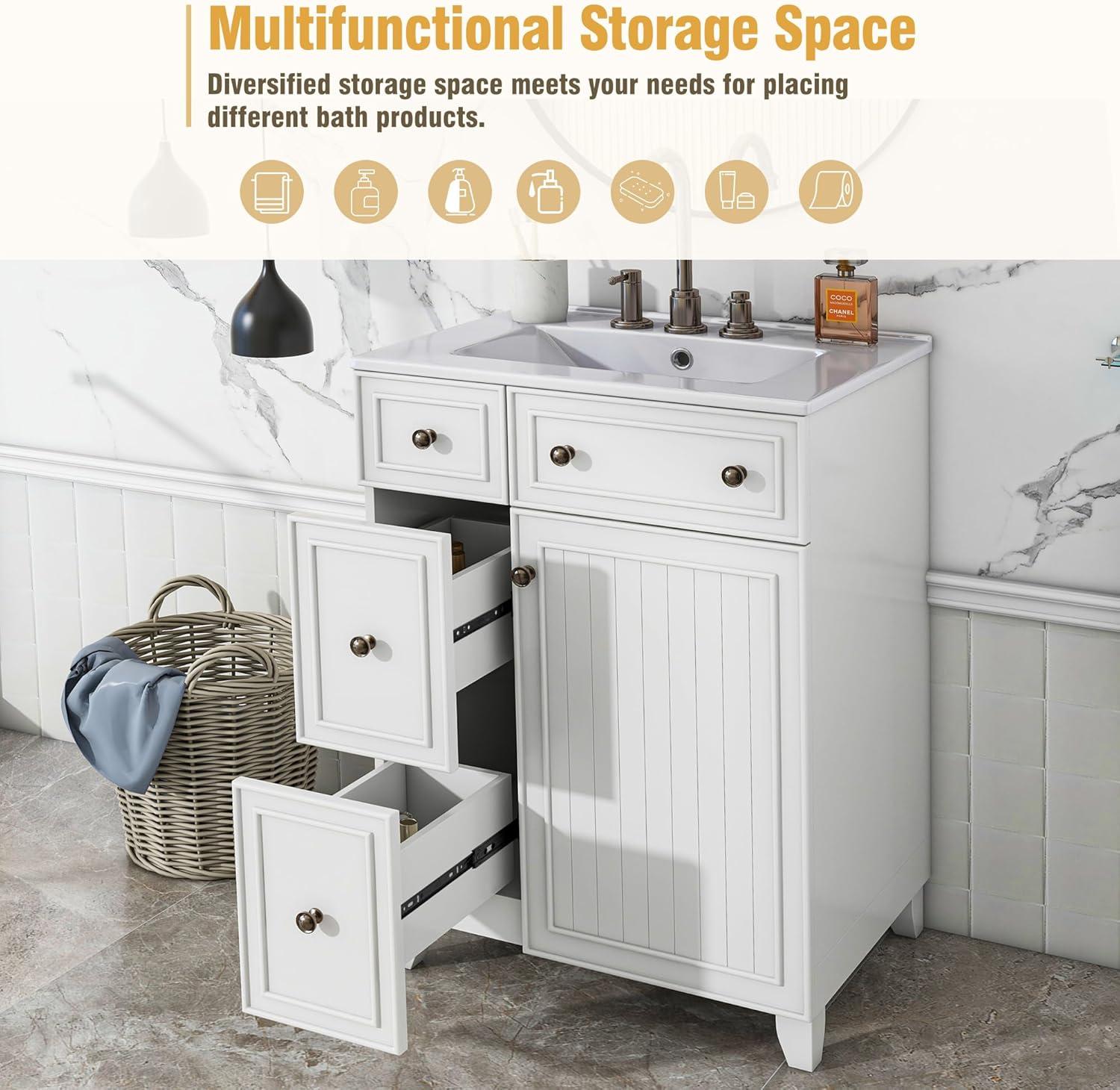 Harper & Bright Designs 24" Bathroom Vanity with Sink, Free Standing Single Basin Vanity Set with Two Drawers and One Door, Modern Wooden Bathroom Cabinet with Ceramic Basin for Bathroom, White