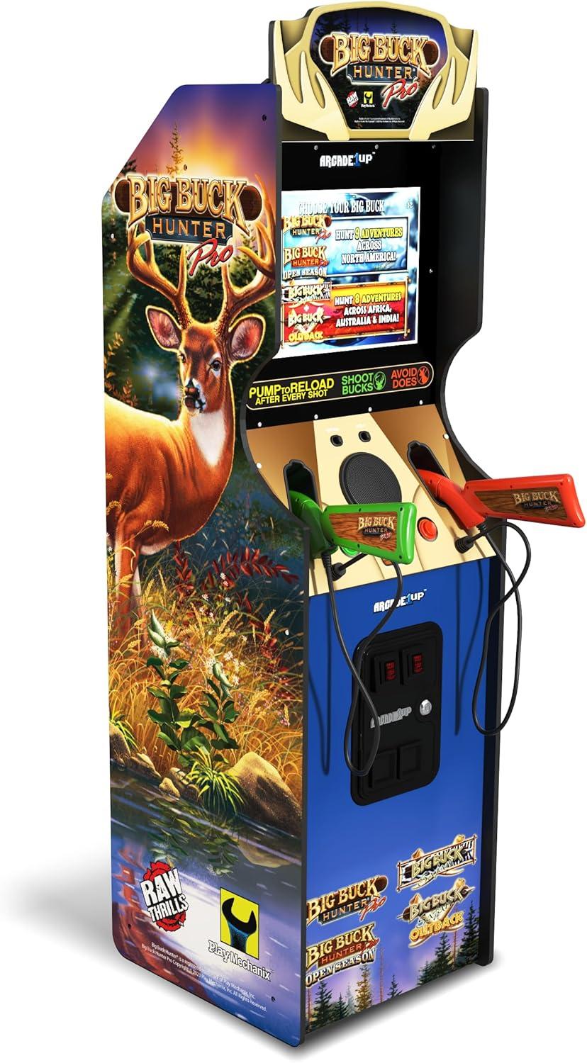 Arcade1Up Máquina Arcade Big Hunter Pro Deluxe, Gabinete Vertical de 5 Pies, 4 Juegos, Pantalla de 17 Pulgadas, Rifle de Acción con 2 Bombas Ligeras Incluido