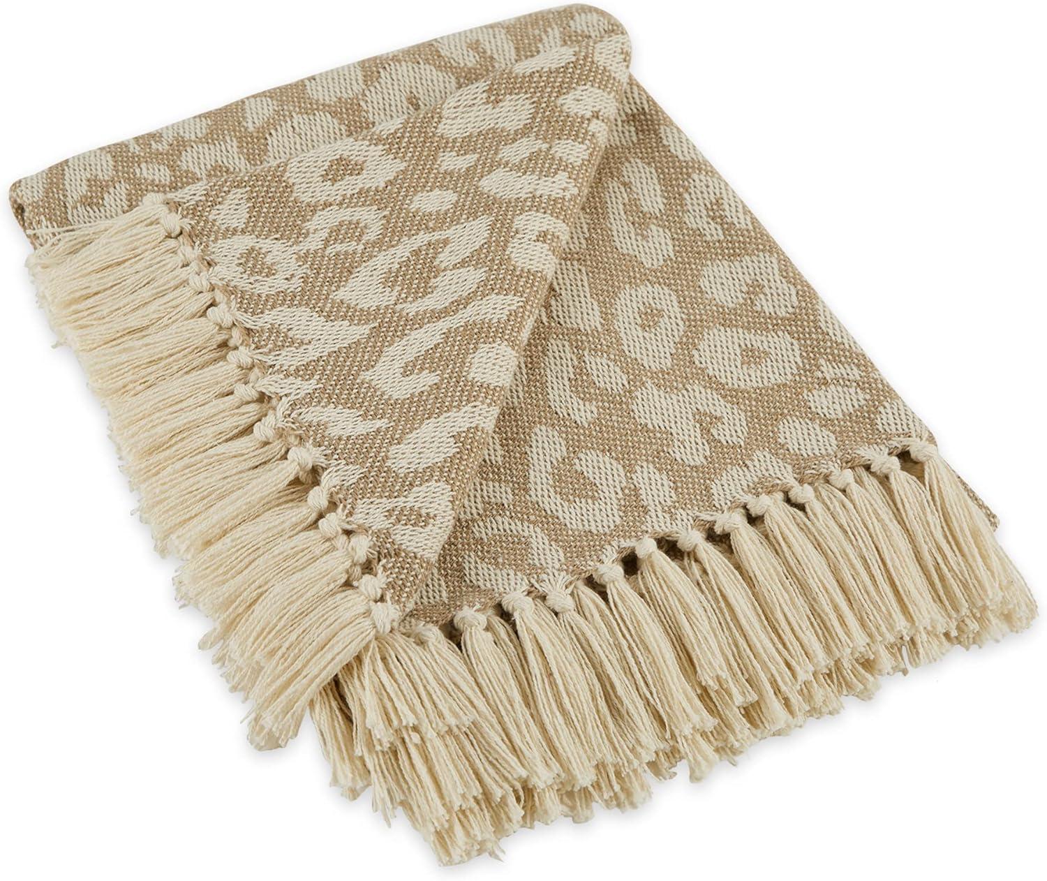 Beige and White Cotton Leopard Print Throw Blanket