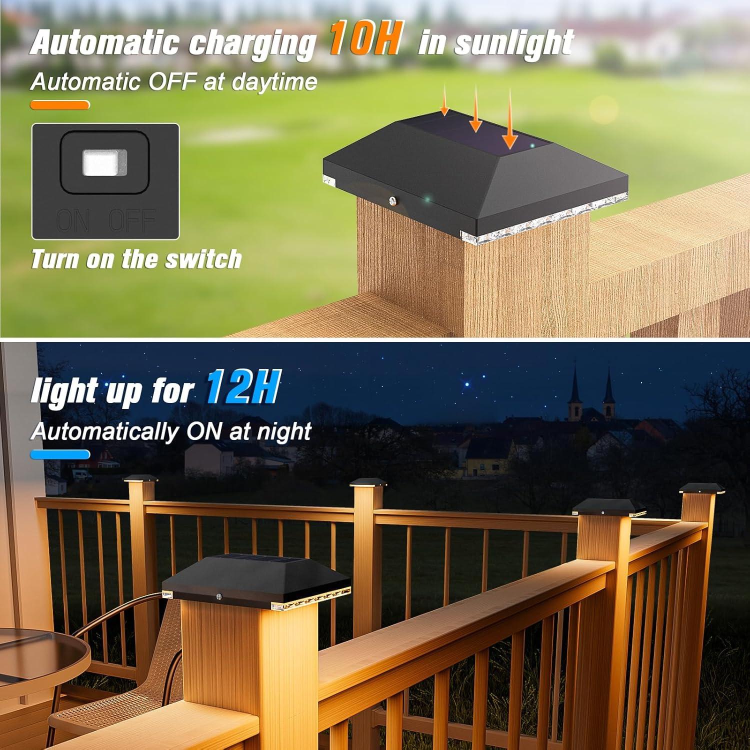 VOLISUN 4x4 Solar Fence - Post Lights Outdoor Waterproof 12pack, Deck Cap Light for 4x4 Wooden/4x4 Vinyl,Black Solar Fence Post Cap Light for Garden/Patio/Porch