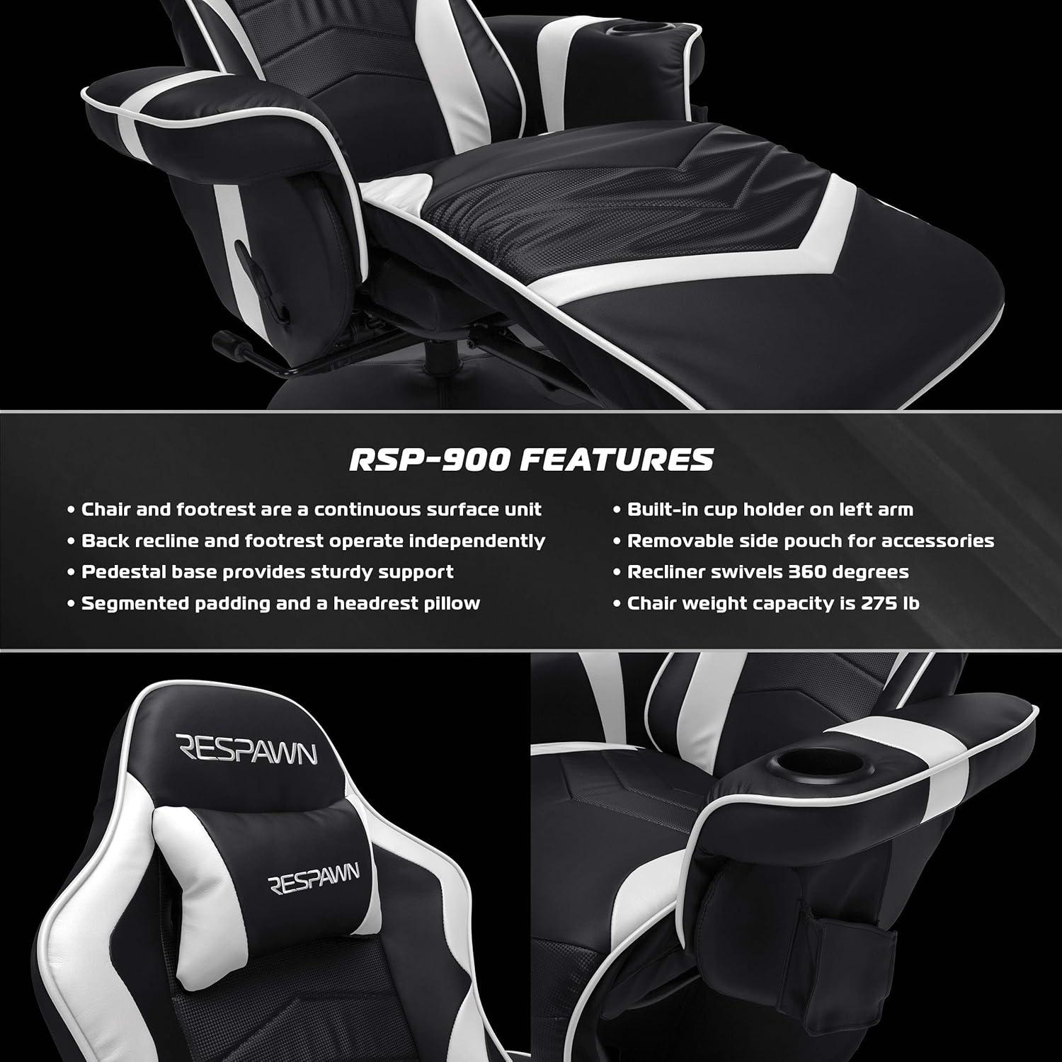 RESPAWN 900 Gaming Recliner - Video Games Console Recliner Chair, Computer Recliner, Adjustable Leg Rest and Recline, Recliner with Cupholder, Reclining Gaming Chair with Footrest - White