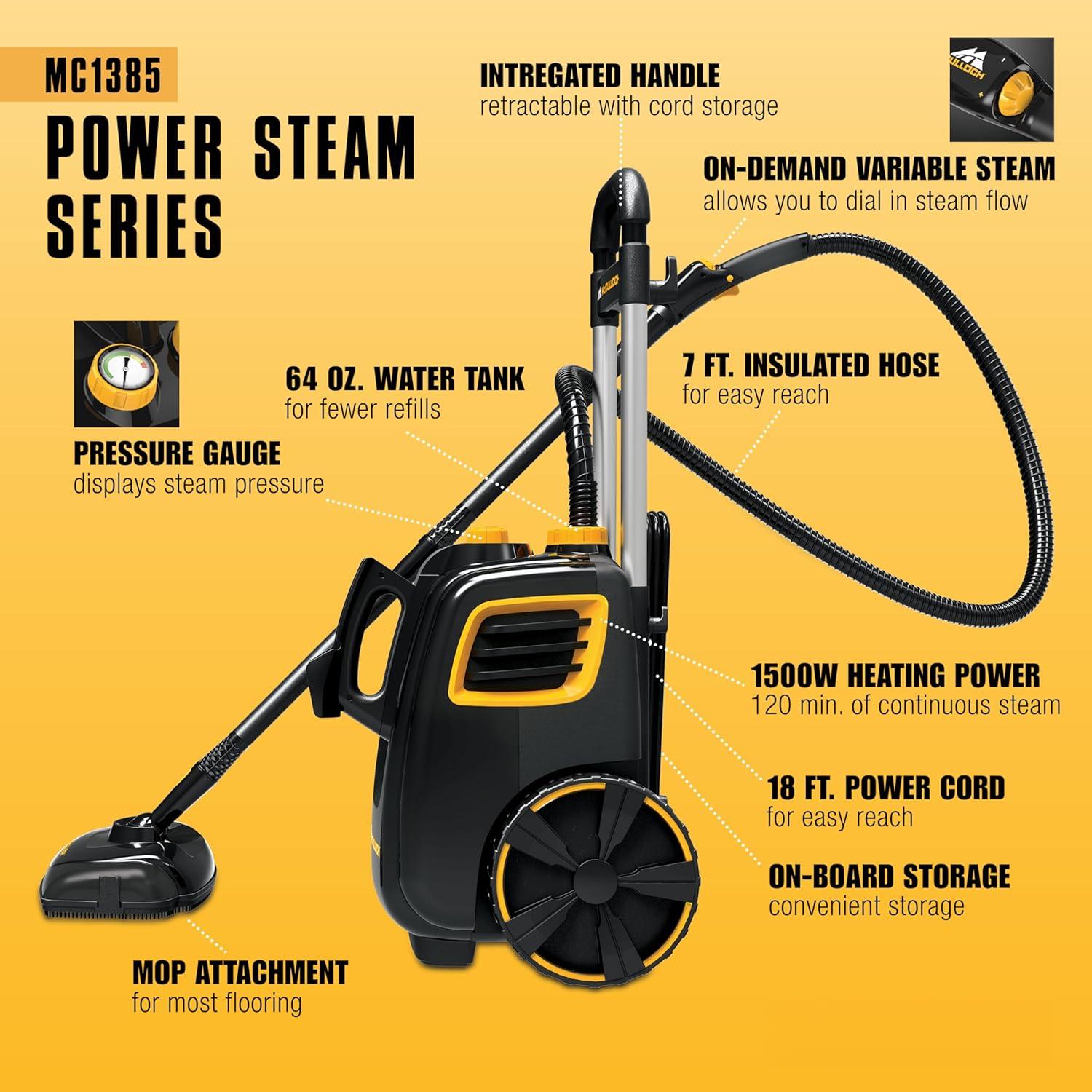 McCulloch MC1385 Deluxe Canister Steam Cleaner, 2-Hour Runtime, Chemical-Free, 23 Accessories: Mop Head, Brushes & More