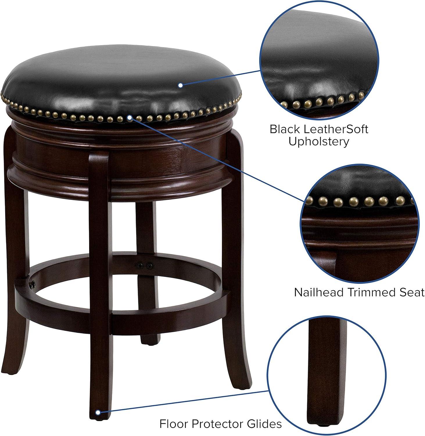 24'' Black Leather Swivel Saddle Wood Counter Stool