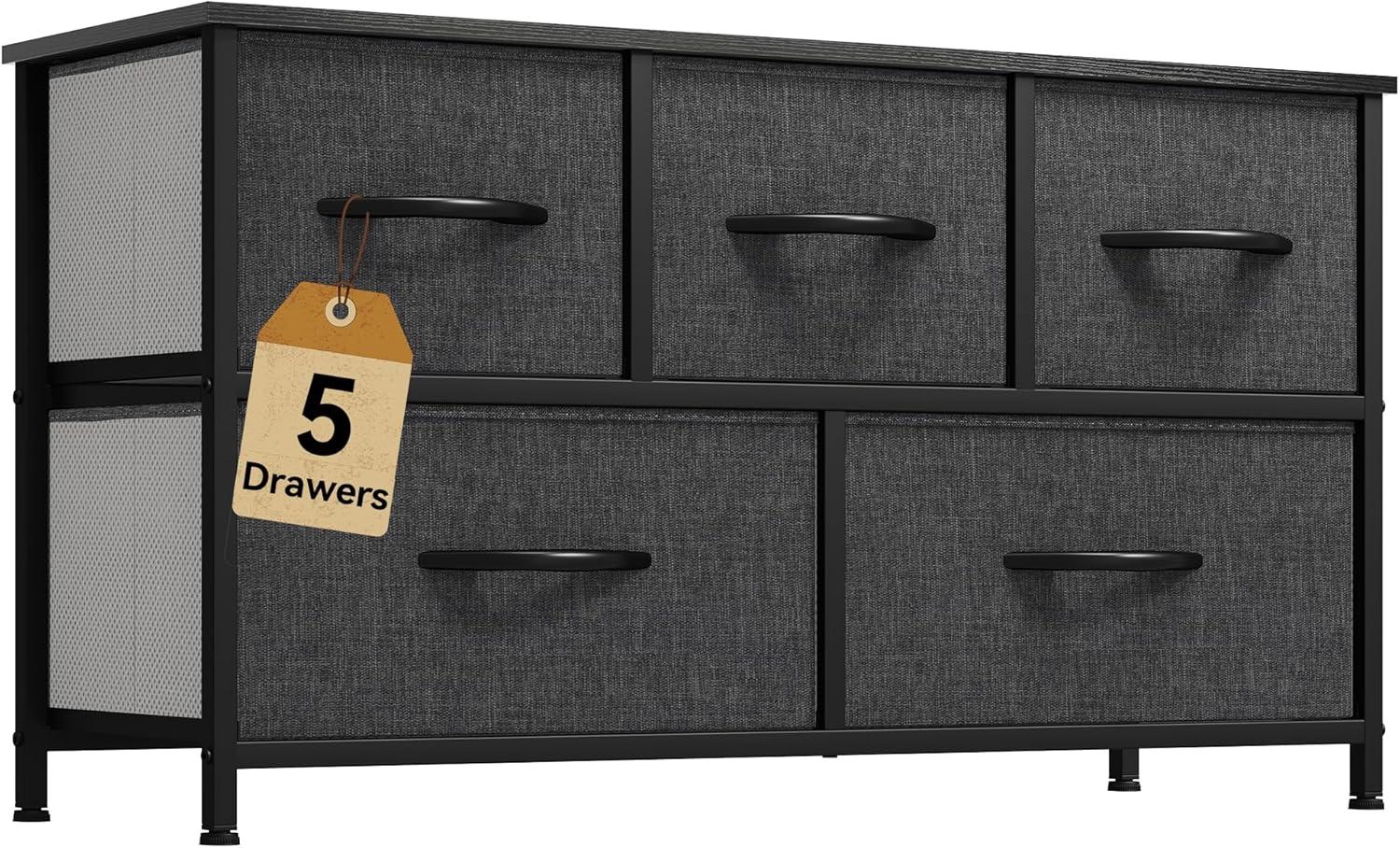 EDX 5 Drawer Dresser, Wide Chest of Drawers Nightstand Storage Tower Storage Fabric Dresser with Wood Top for Living Room, Bedroom, Hallway,Black