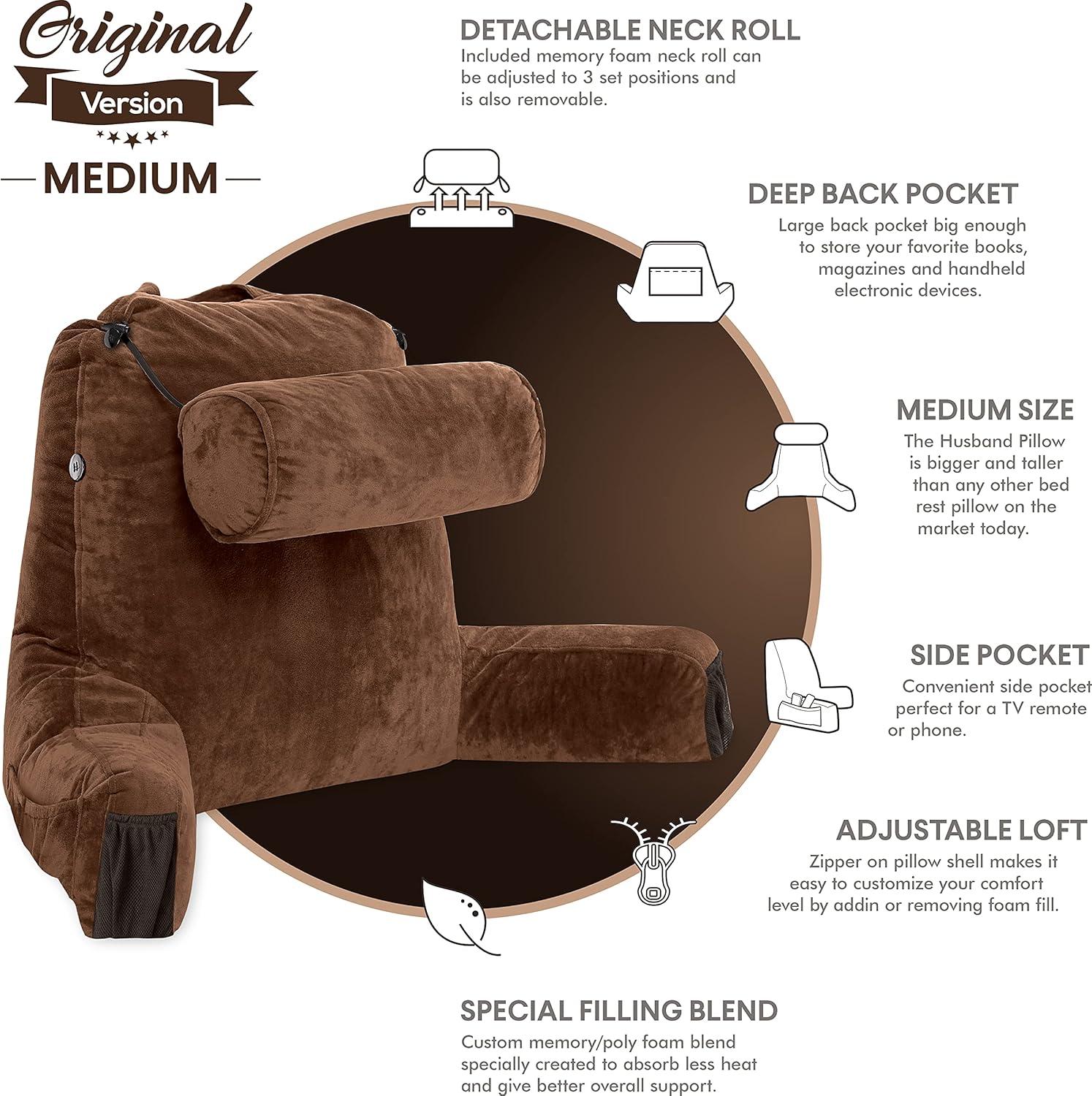 Husband Pillow Medium Chocolate Brown, Backrest - Detach Neck Roll, Removable Cover