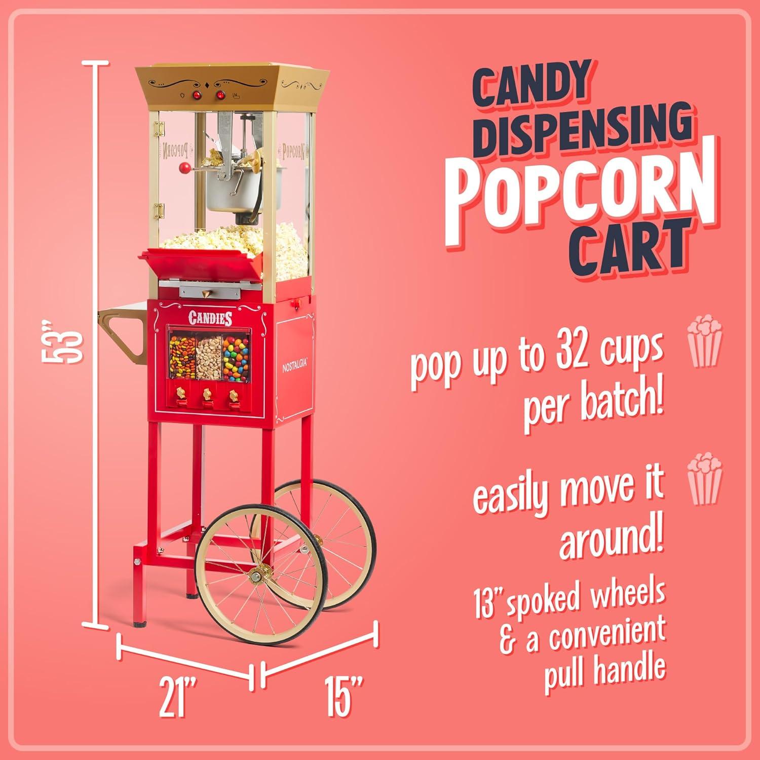 Nostalgia Vintage Professional Popcorn Cart 8-Ounce Kettle - 53 Inches Tall - Candy Dispensers