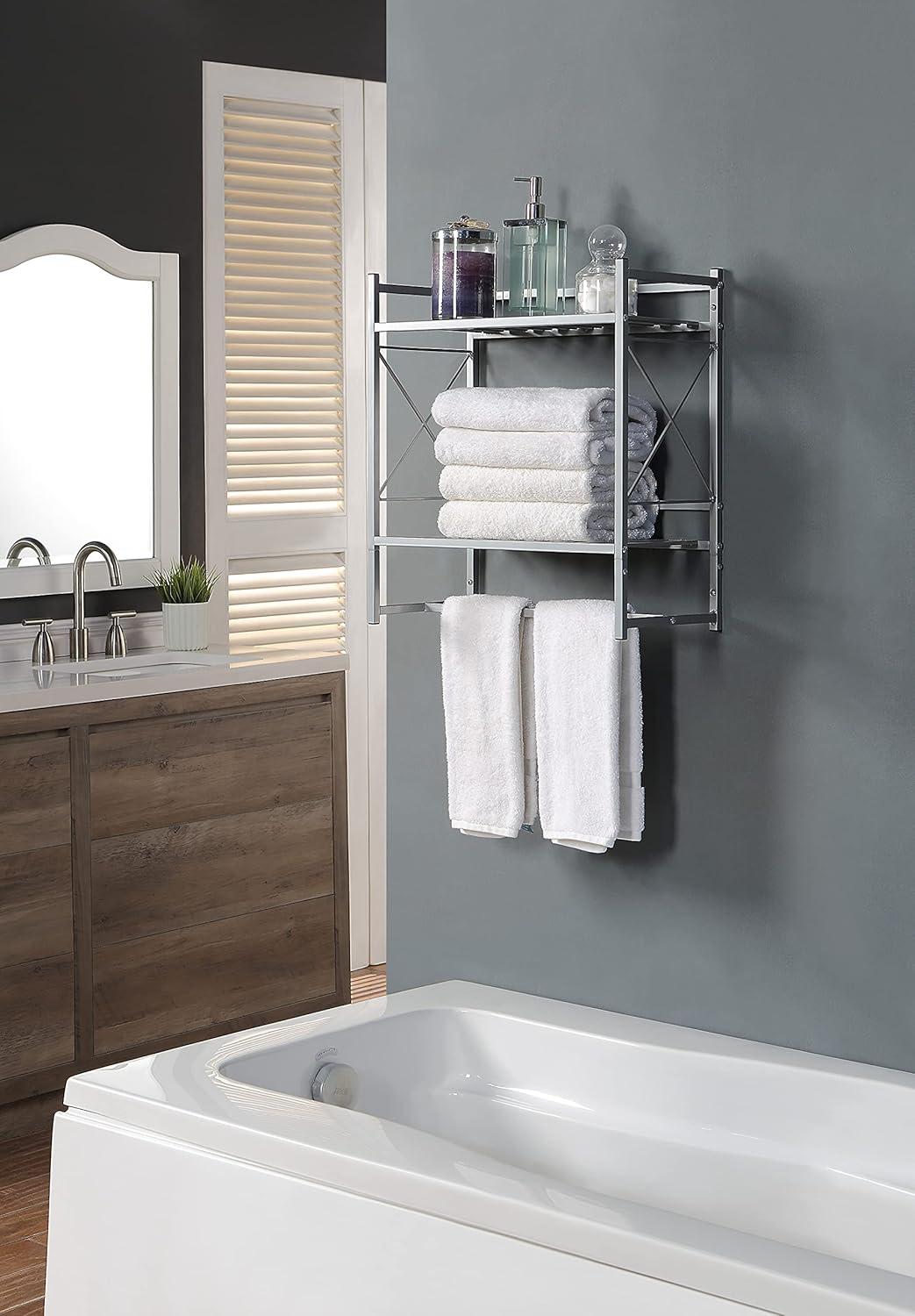 Silver Wall-Mounted 2-Tier Bathroom Shelf with Towel Bar