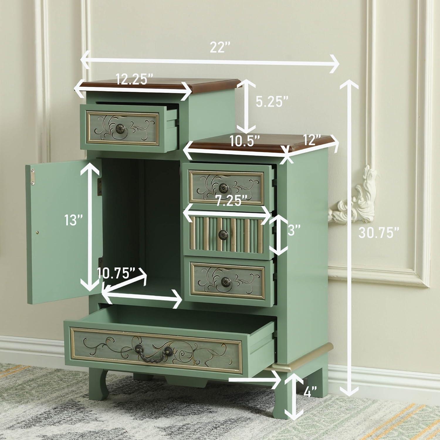 Fienley Farmhouse 21.6"W x 30.6"H x 11.8"D 1-Door Carved Wood Accent Chest With 5-Drawers, Rich Natural,Blue