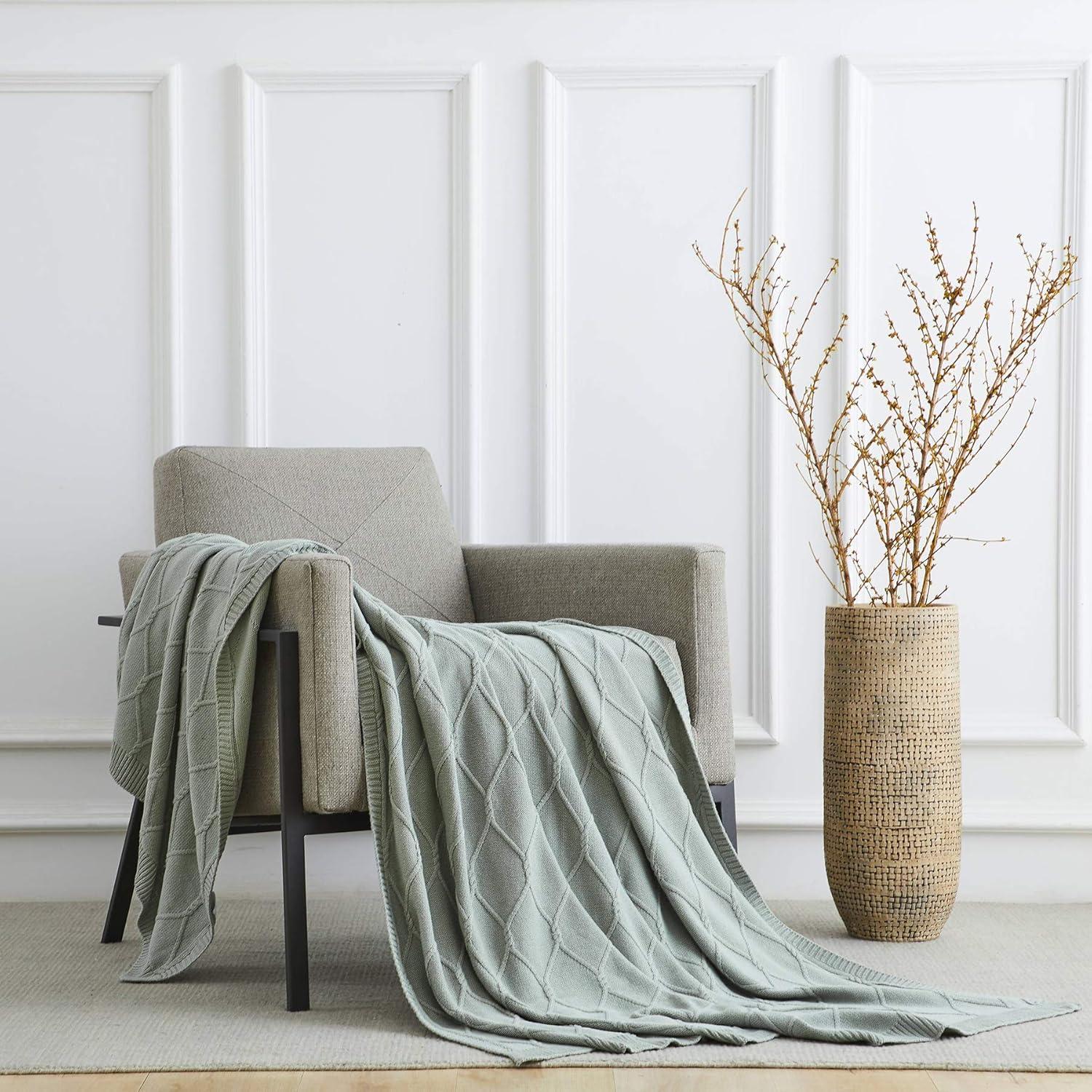 Sage Green Cotton Cable Knit Weighted Throw Blanket