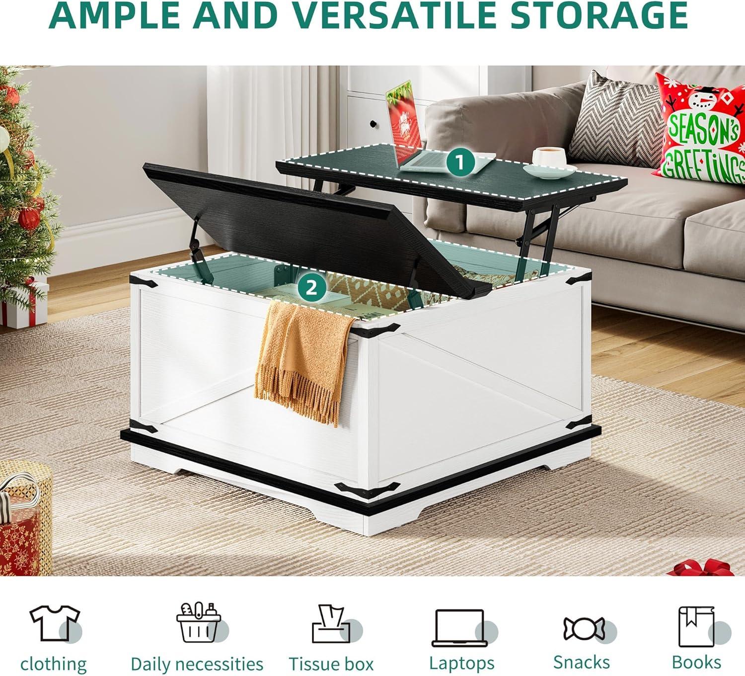 White Square Lift-Top Coffee Table with Hidden Storage