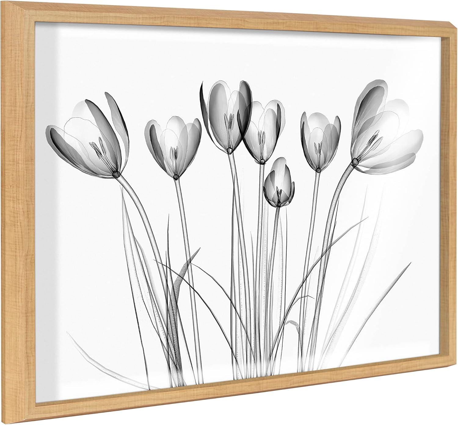 Natural Framed Black and White Floral Glass Wall Art, 18x24