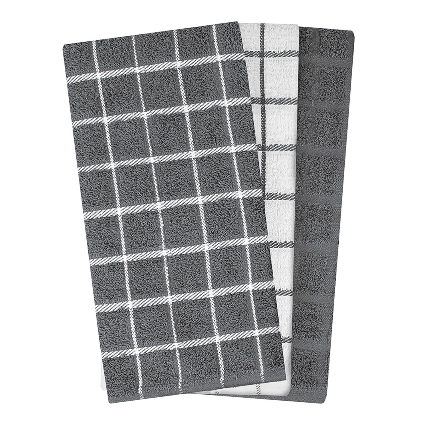 John Ritzenthaler Co. Ritz 3-Pack Terry Check Kitchen Towel Set and 6-Pack Terry Check Dish Cloth Set  Grey