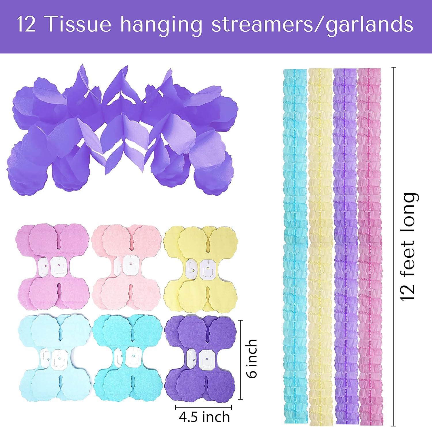 3D Four Leaf Flower Tissue Paper Hanging Streamers for All Party Events, Photo Garland Backdrop, 12-Pack (Unicorn Pastel)