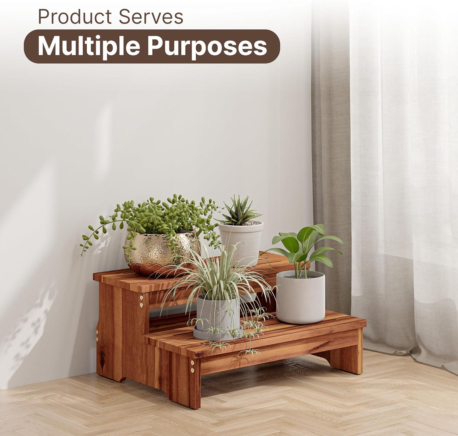 TINAMO 25" Long Step Stool for Adult & Kid - Wooden Two Step Stool 500 Lbs - Riser 2-Step Spa & Hot Tub Stairs for Pool - Heavy Duty 2 Step Stools for Bed, Kitchen/Outdoor - Patent Pending (Acacia)