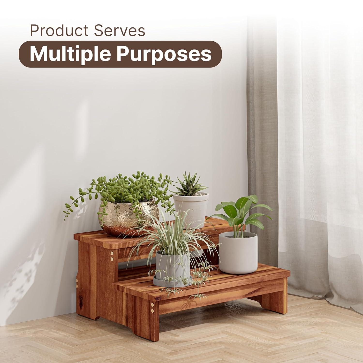 TINAMO 25" Long Step Stool for Adult & Kid - Wooden Two Step Stool 500 Lbs - Riser 2-Step Spa & Hot Tub Stairs for Pool - Heavy Duty 2 Step Stools for Bed, Kitchen/Outdoor - Patent Pending (Acacia)