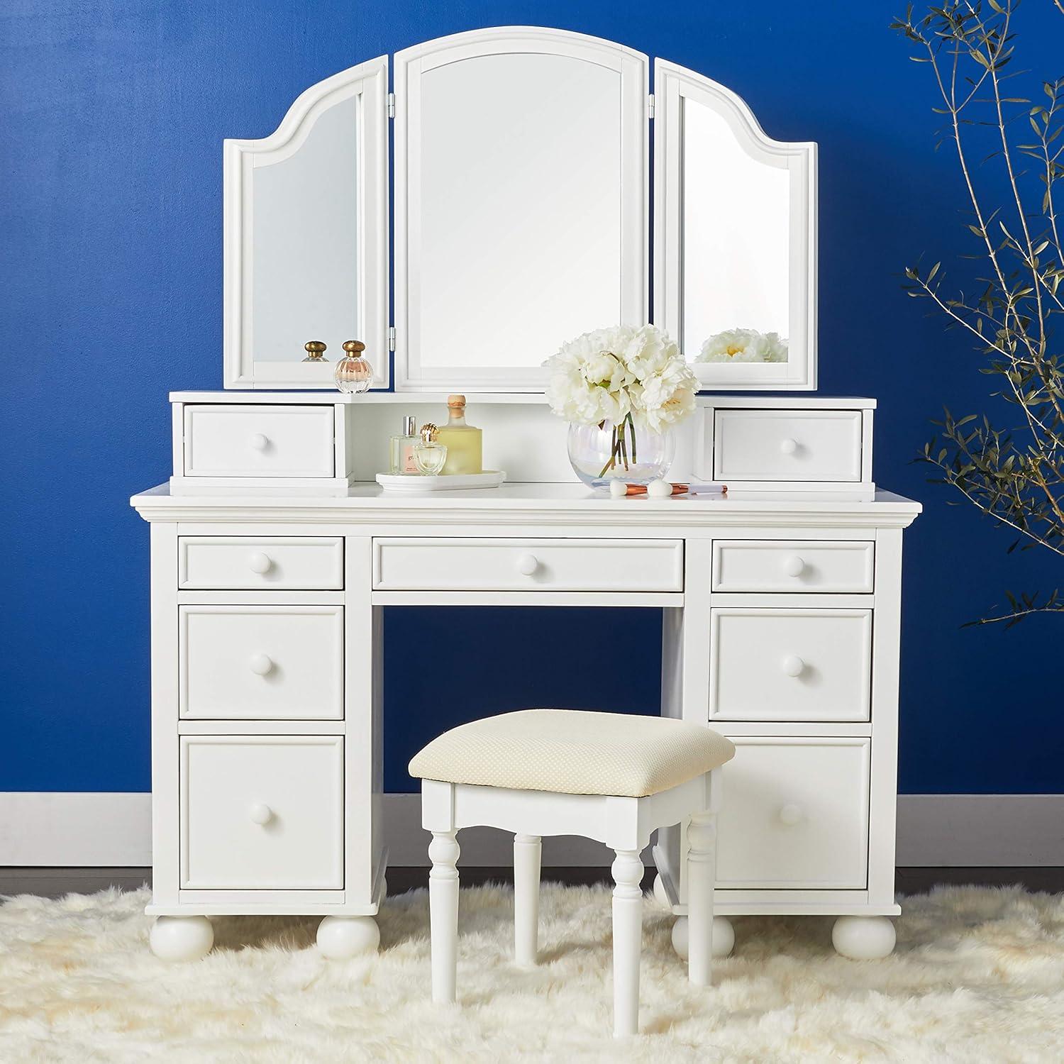 Athy White Vanity with Tri-Fold Mirror and Stool