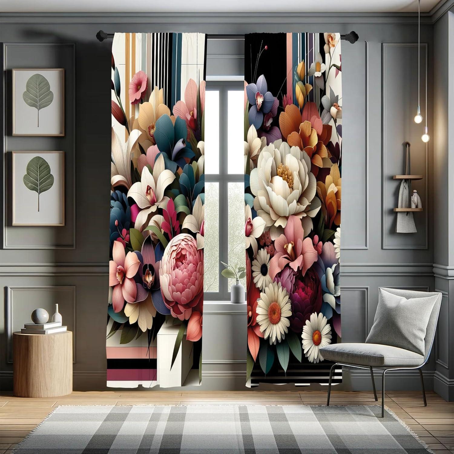 Floral Multicolor Microfiber Room-Darkening Rod Pocket Curtains, 28" x 84"