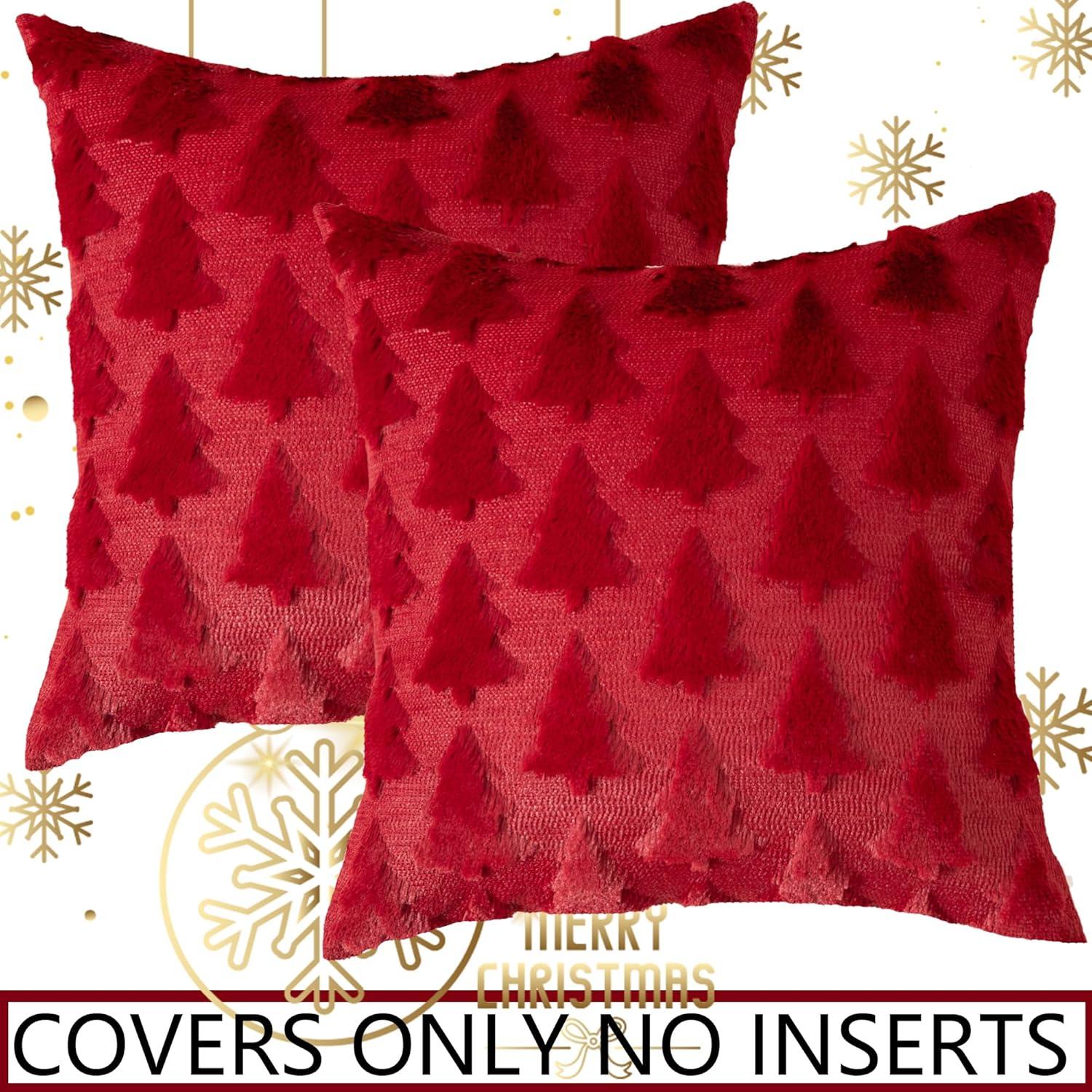 UGASA Pillow Covers 20x20 Inch Set of 2 Soft Plush Faux Fur Christmas Tree Decorative Luxury Jacquard Throw Pillows Pillowcases for Couch Sofa Holiday Festivals Home Decor, Burgundy