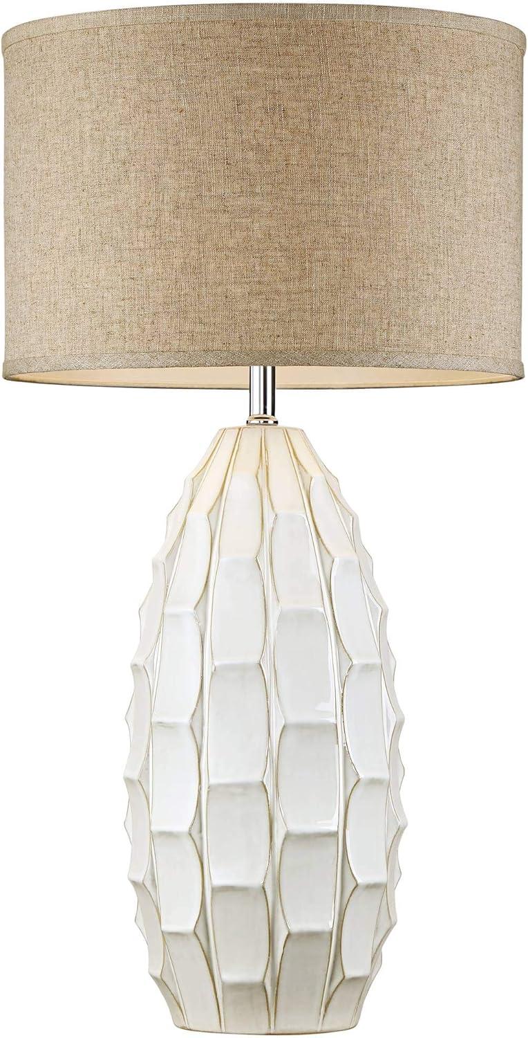 Possini Euro Design Cosgrove Modern Mid Century Table Lamp 32 3/4" Tall White Glazed Ceramic Beige Fabric Drum Shade for Bedroom Living Room Bedside