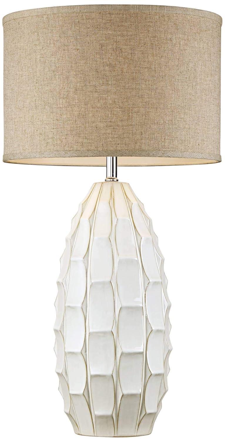 Possini Euro Design Cosgrove Modern Mid Century Table Lamp 32 3/4" Tall White Glazed Ceramic Beige Fabric Drum Shade for Bedroom Living Room Bedside