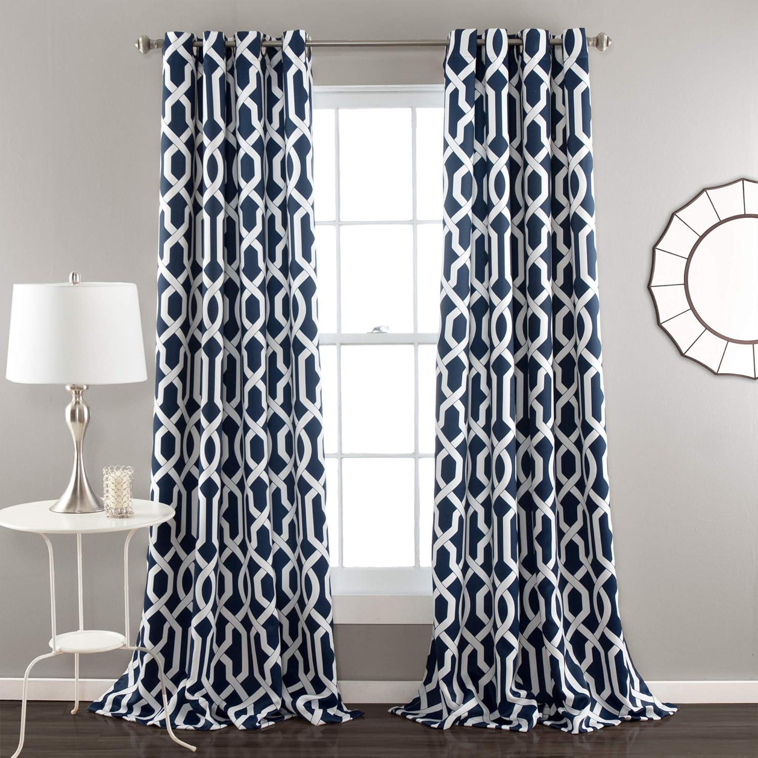 Navy Trellis Patterned Room Darkening Grommet Curtain Panels, 84" x 52"