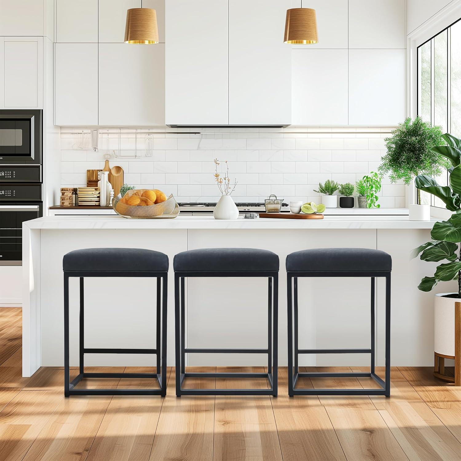 Lorelia Set of 2 Black 24 Inch Backless Counter Bar Stools Faux Leather Seat for Kitchen