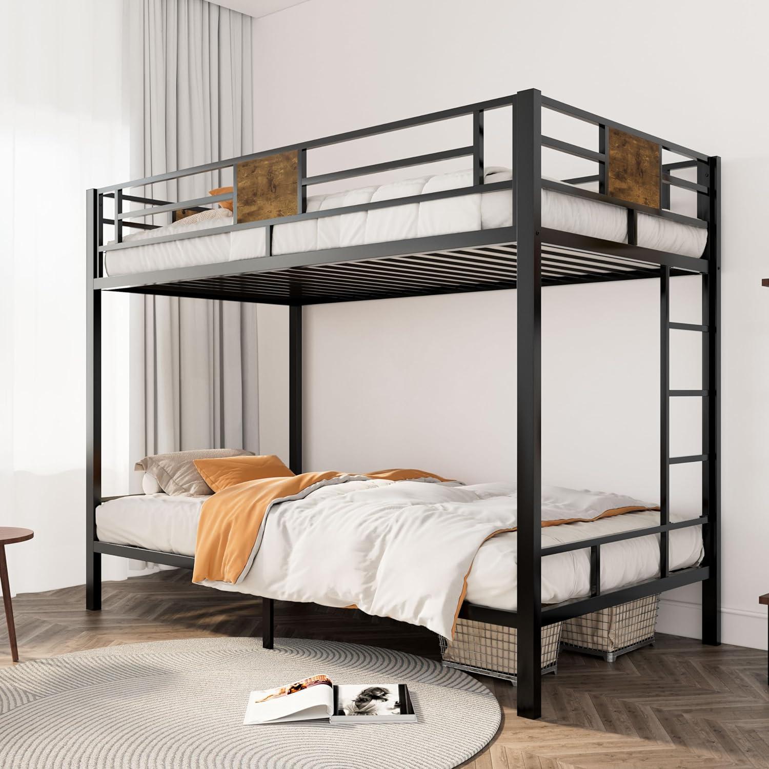 Twin Over Twin Black Metal Bunk Bed with Ladder and Guardrail