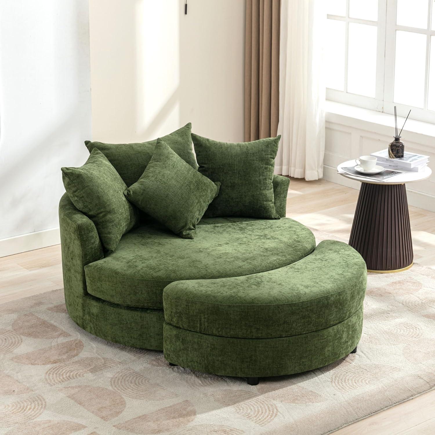 DEINPPA Swivel Round Barrel Chair with Storage Ottoman and 4 Movable Pillow Backrest, 360° Round Rotating Sofa Chair for Living Room, Hotel, Bedroom, Office, Lounge (Green + Chenille+ Foam)