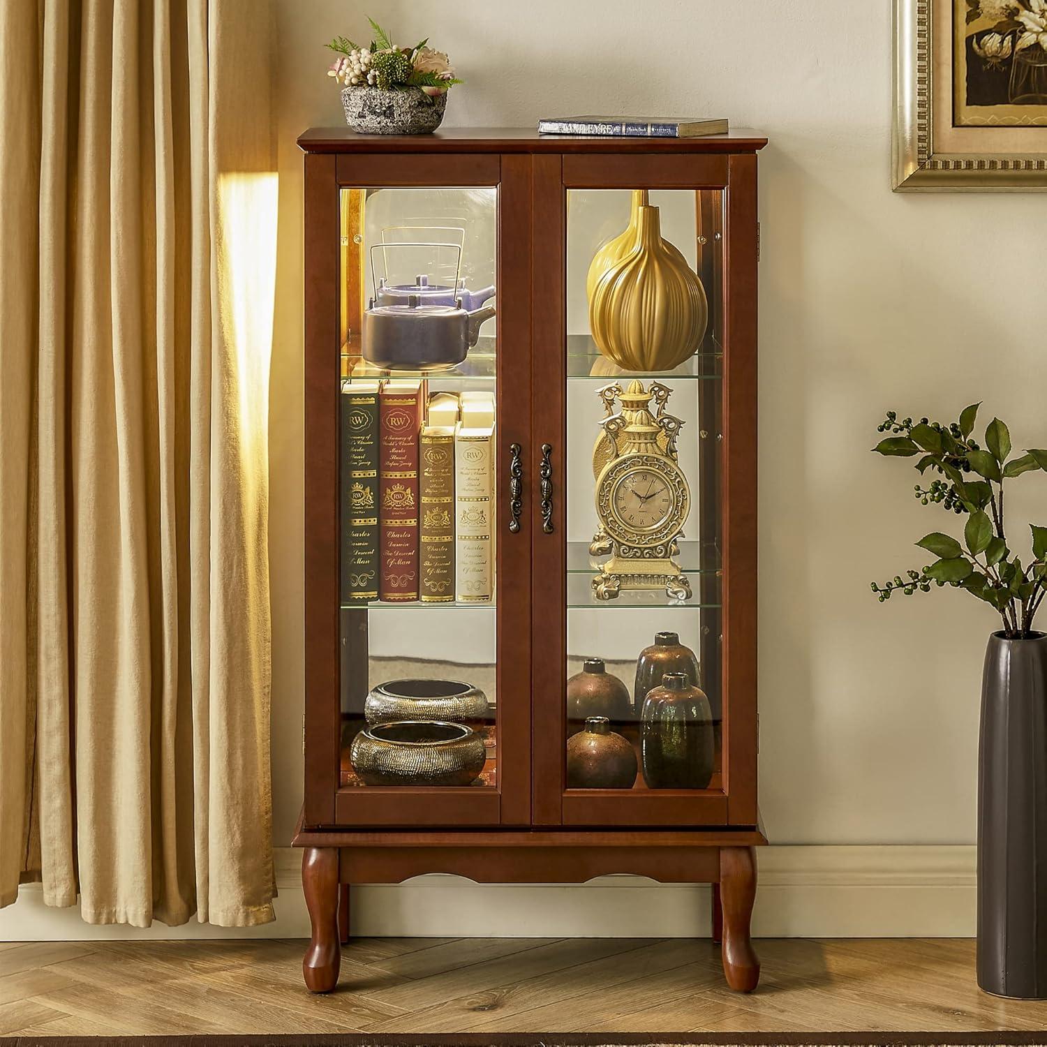 Walnut Lighted Curio Cabinet with Mirrored Back and Glass Shelves