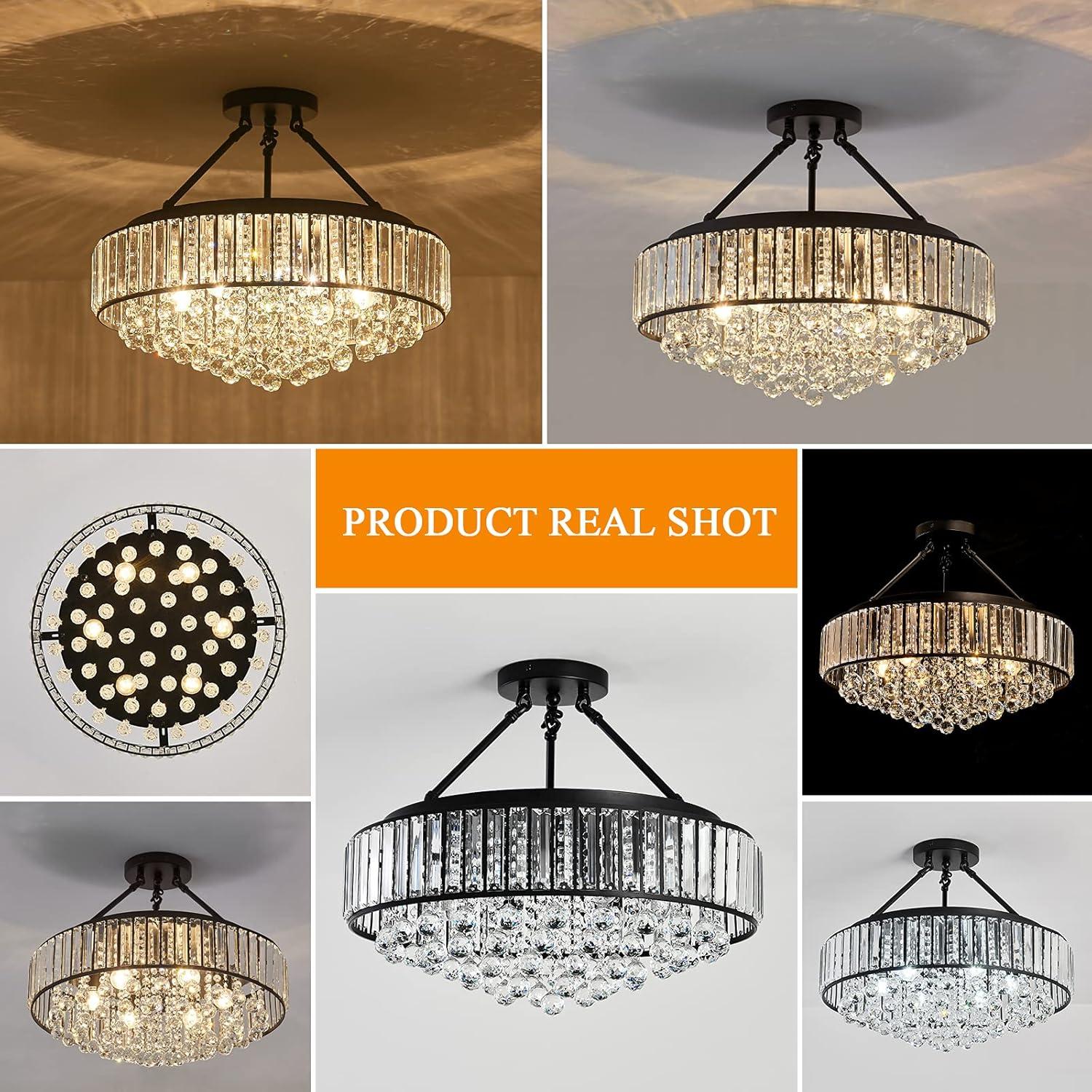 YYJLX 6-Light Modern Large Crystal Chandelier Black Metal E26 Semi Flush Mount Round Light Fixture Ceiling Lamp Farmhouse for Dining Living Room Laundry Foyer Kitchen Balcony Bedroom