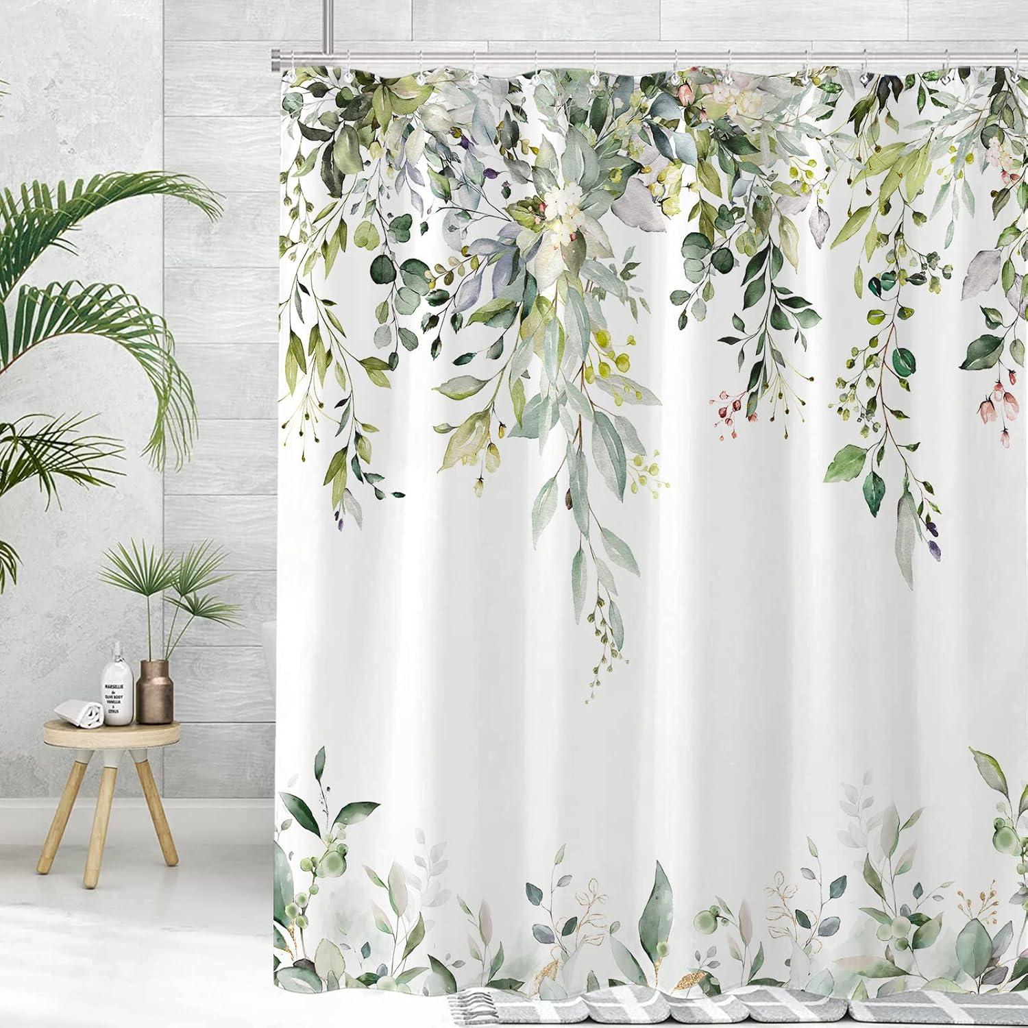 kampdream Eucalyptus Plant Rustic Shower Curtain, Watercolor Leaves On The Top Country Farm House Shower Curtain, Spring Botanical Bathroom Curtain 72 ×72 Inch