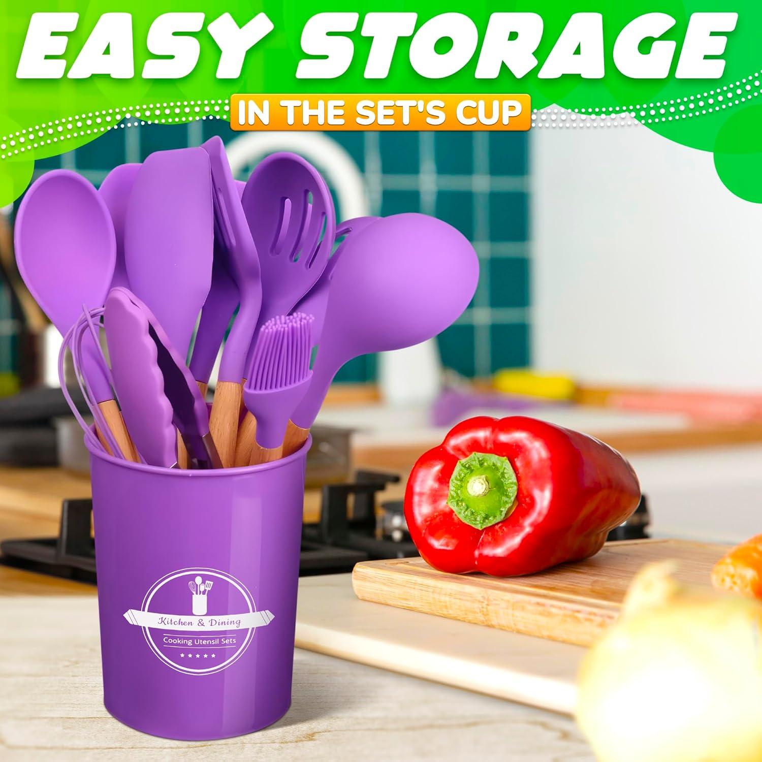 Silicone Cooking Utensils Set, KOSIY 12PCS Kitchen Utensils w/ Holder Wood Handle Non-Stick, Purple