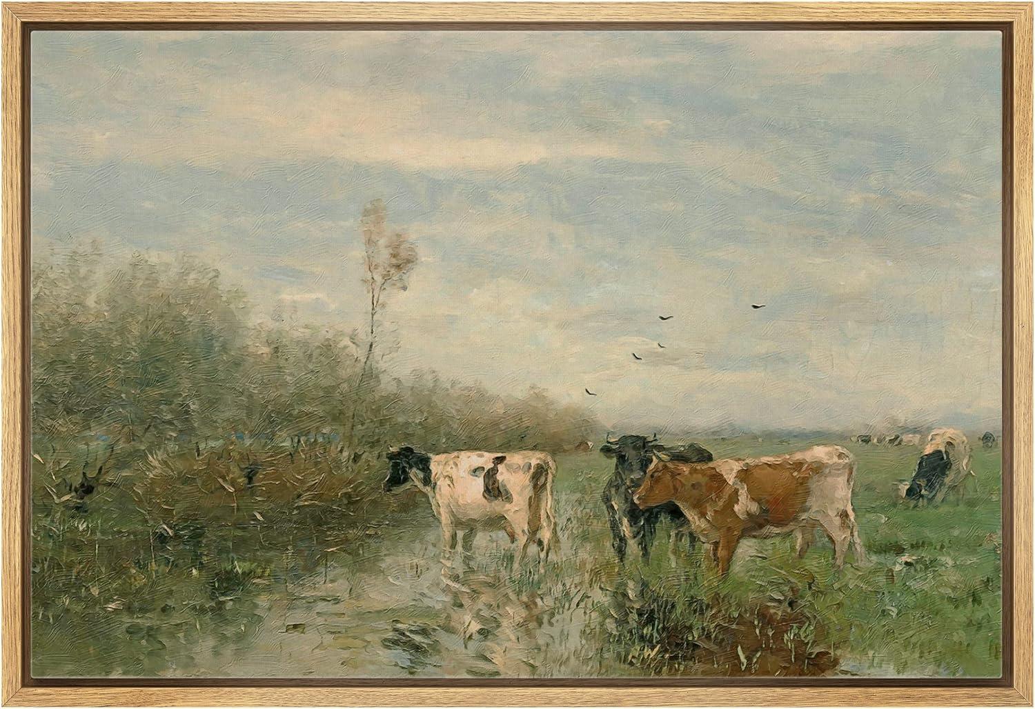 Cow in the River Landscape Farmhouse Country Pictures Decor Wall Art Framed Canvas Painting Print