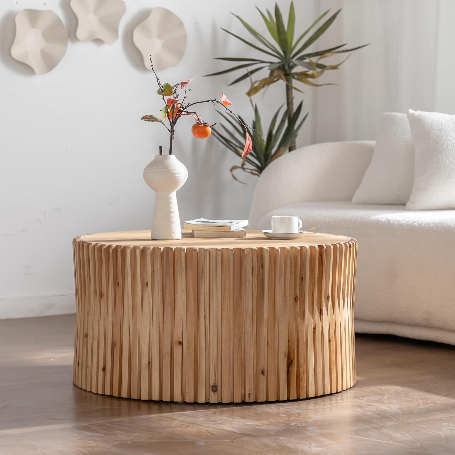 Llinc Store 31.5" Diameter Cylindrical Wood Coffee Table with Vertical Texture Natural Design, Suitable for Living Room, Office and Dining Room