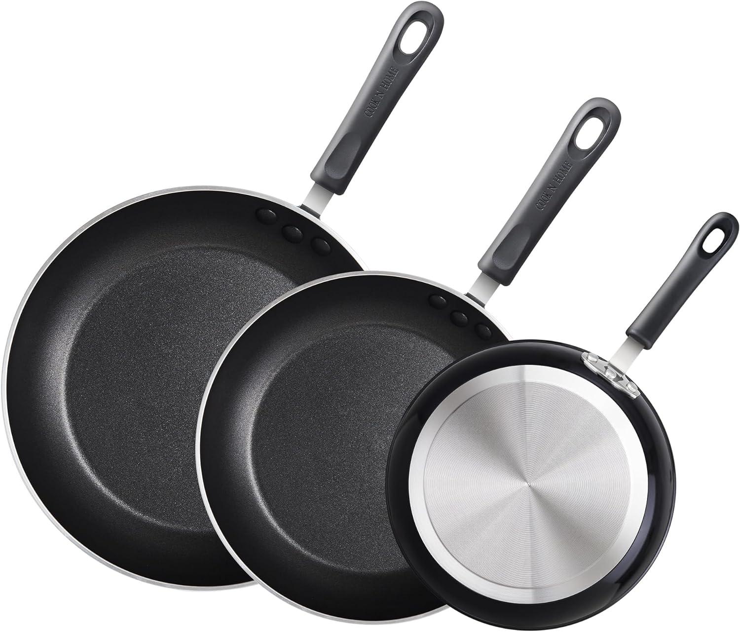 Cook N Home Basics Nonstick Saute Skillet Fry Pan 3-Piece Set, 8 inch/9.5-Inch/11-inch Non-Stick Frying Pans, Black