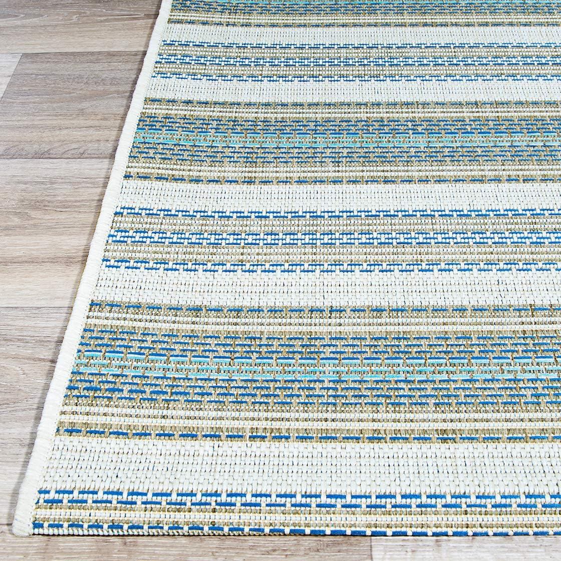 Ivory Sand Azure Blue 6' x 9' Flat Woven Stripe Rug