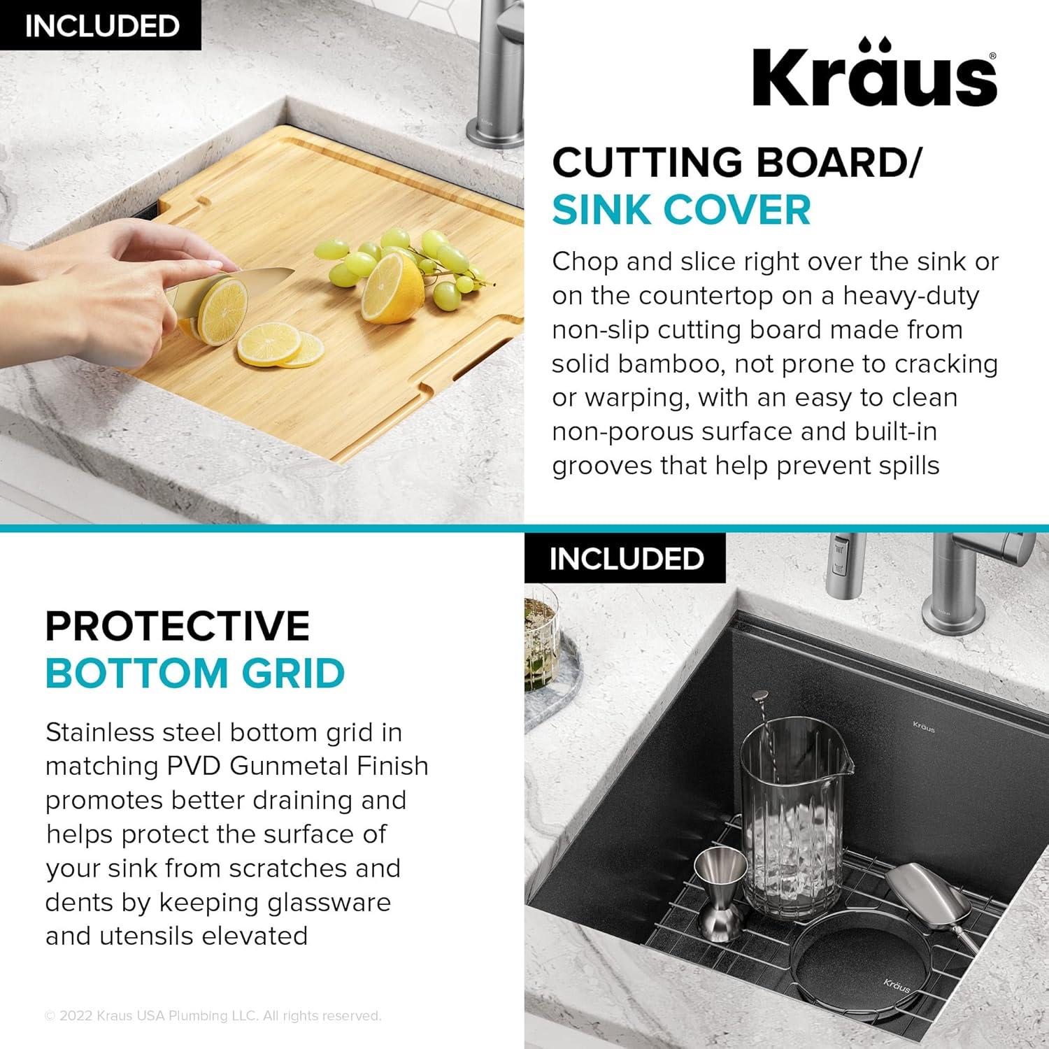 KRAUS Kore™ Undermount Workstation 16 Gauge Black Stainless Steel Single Bowl Kitchen Sink in PVD Gunmetal Finish