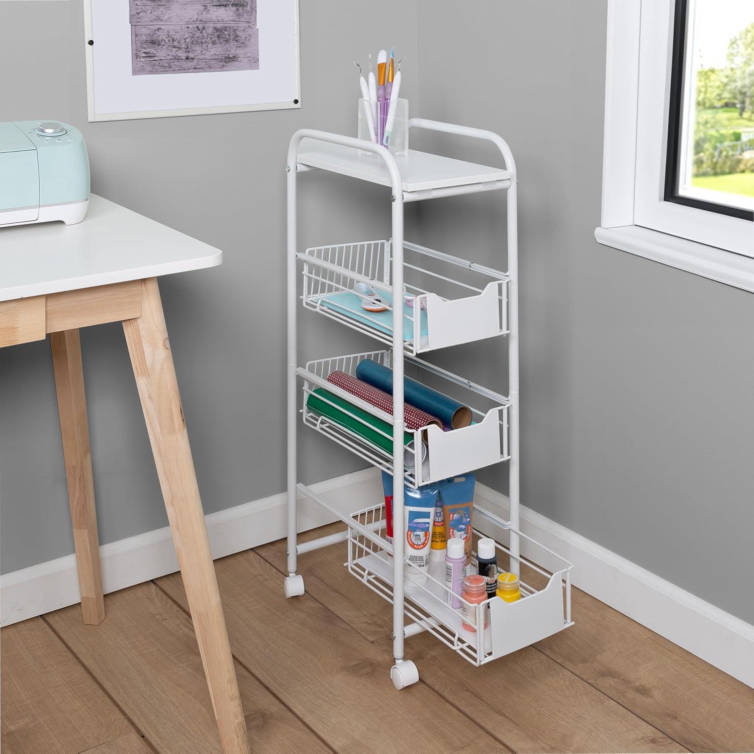 White 4-Tier Slim Rolling Metal Utility Cart with Drawers